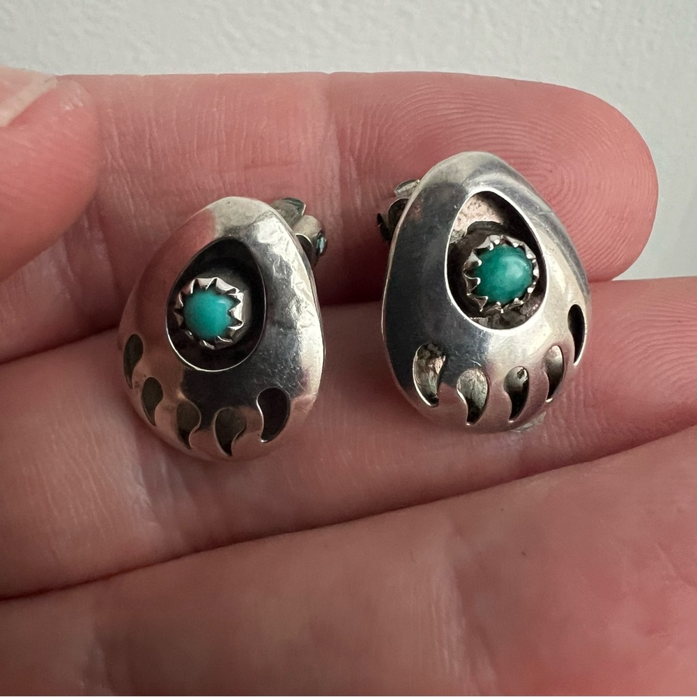 Vintage Native American Bear-Claw Clip-On Earrings, Turquoise/Sterling Silver